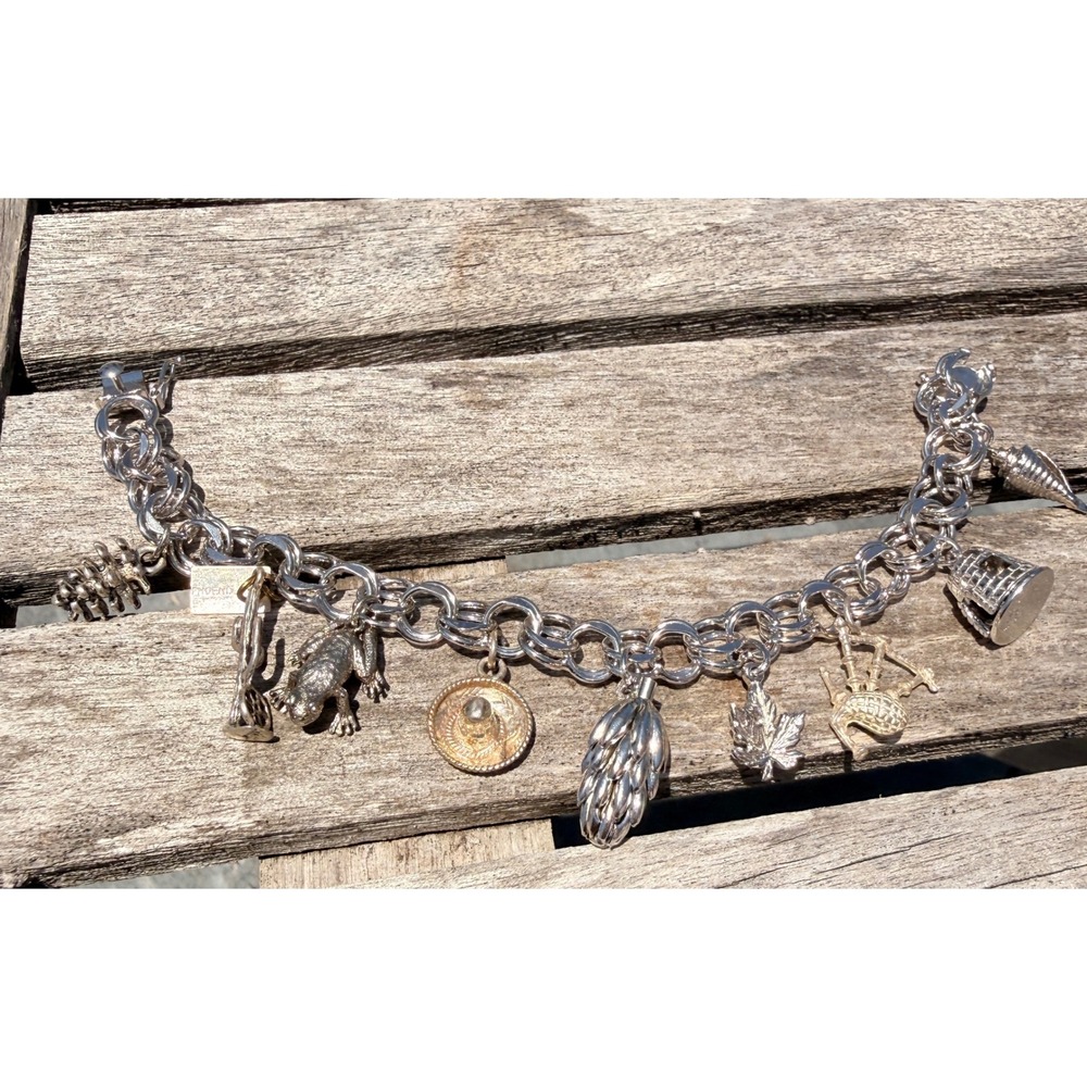 Vtg 925 Sterling Silver Charm Bracelet Frog Cactus Sewing Shell Sombrero Chunky - Picture 16 of 16